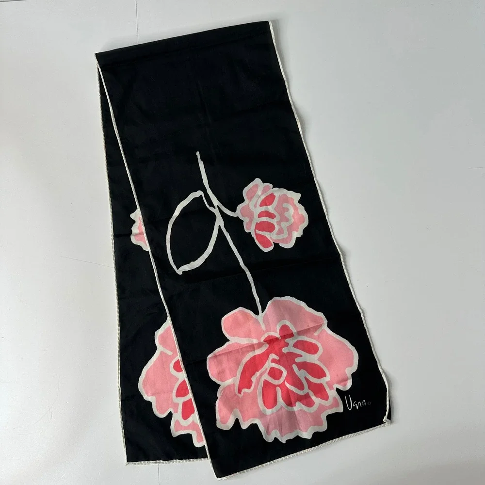Vtg Vera Neumann Silk? Scarf Black Pink Mod Floral Mid Century Hand Rolled READ